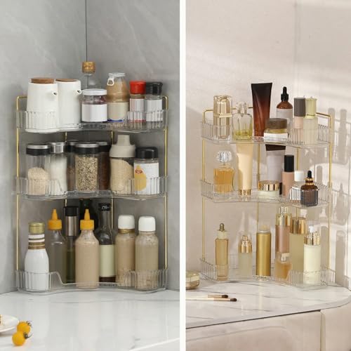 INVSSENE Corner Bathroom Countertop Organizer, Vanity Trays for Counter, Makeup Organizers, Perfume Tray, Kitchen Spice Rack, (Clear, 3 Tiers)