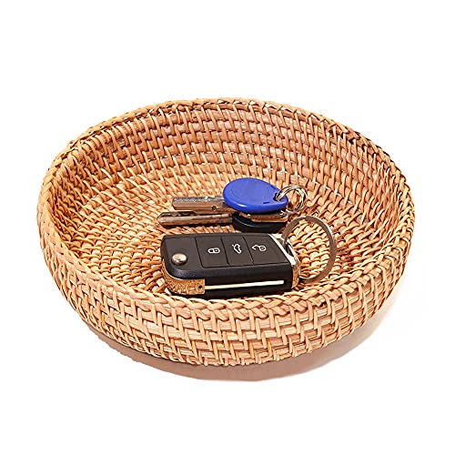 Small Round Keys Basket for Entryway Woven Baskets for Organizing | Tabletop Decorative Wicker Organizer Basket for Keys Wallet Cell Phone for Fruit Candy Cracker