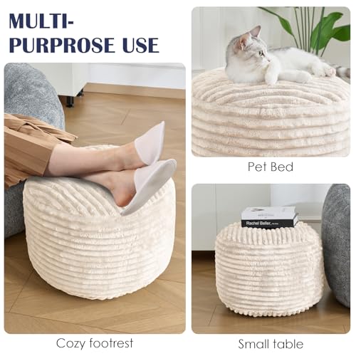 Stuffed Round Ottoman,Corduroy Pouf Ottoman Foot Rest,20 X 15 in,Beige | Memory Foam Filling,Pouf Storage Ottoman Footstool for Living Room,20 X 15 Floor Poufs for Couch,Footrest Only