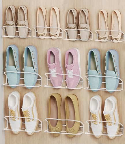 10Pack Wall Mounted Shoe Rack with Sticky Hanging Strips (White) | Very Easy to Install no Need to Drill Hanging Shoe Organizer, for RV, Door,Entryway, Bathroom, Living Room, Mud Room, Laundry