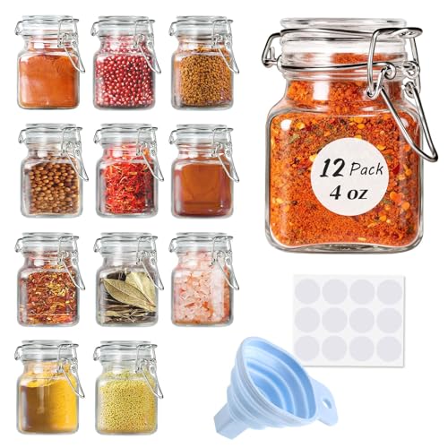 Spice Jars, 12 Pack 4oz Small Glass Jars with Airtight Hinged Lid, With 12 Spice Labels & Silicone Funnels, Airtight Glass Jars for Spices, Art Craft Storage (12 Pack)