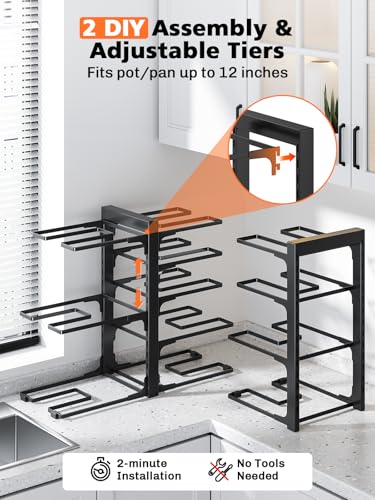 MUDEELA 8-Tier Heavy Duty Pots and Pans Organizer under Cabinet, Black | Adjustable 15.83" H pot rack, pan organizer Holds big stockpots, Cast Iron Skillet and cookware for use inside cabinets