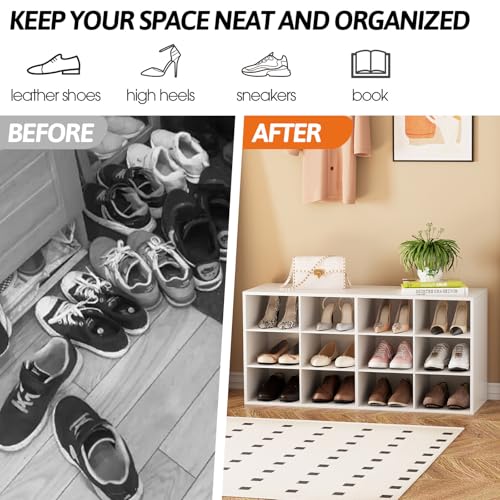 Shoe Storage Bench, Cubby Shoe Rack with 12 Cubbies, 3-Tier Wood Shoe Rack Organizer, Shoe Organizer Cabinet for Entryway, Hallway, Closet and Garage, White