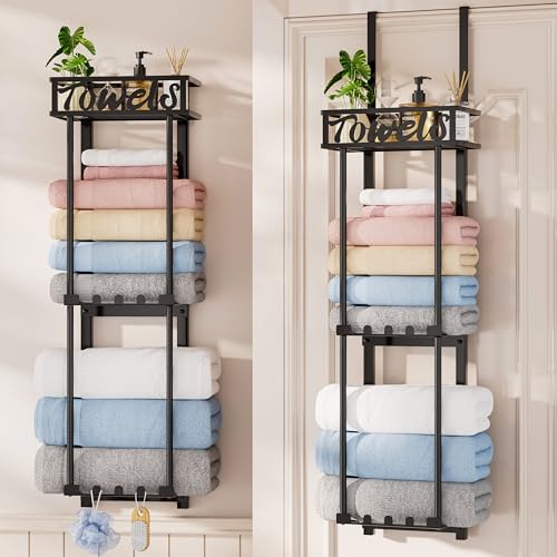 Towel Rack Bathroom Storage - 3 Tier Over The Door... (Black | Metal)