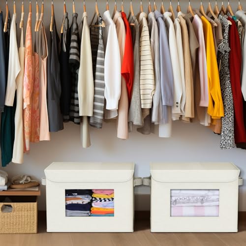 Univivi Fabric Storage Bins with Lids for Clothes 4 Pack, Grey | 17 x 12 x 12 In Foldable Storage Boxes with Handles, Clear Window, Closet Organizers for Home, Bedroom