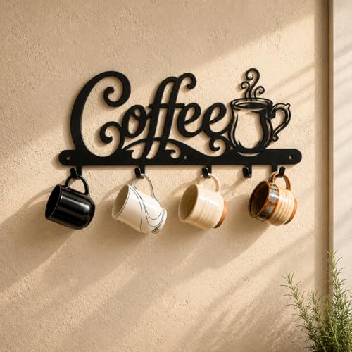 Coffee Mug Holder Wall Mount with 4 Hooks, 16.93 I... (Black | Metal)