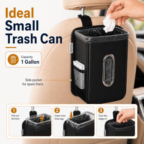 4 in 1 Car Tissue Holder with Headrest Hooks, Small Trash Can & Seat Back Organizer, PU Leather Tissue Box Cover for 120-150 Tissues, Trash Pockets & Hook Set, Keep Car Tidy, Black