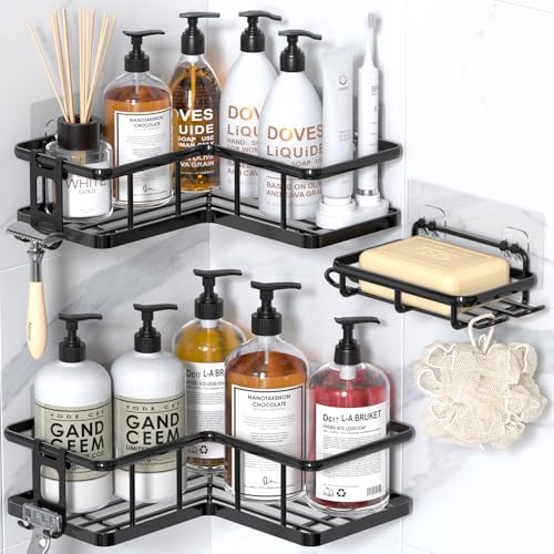 Corner Shower Caddy Adhesive, 100% Rustproof Shower Organizer with Soap Holder, No Drill Shower Shelf for Inside Shower, Wall-Mounted Shower Storage for Homes (3 Pack, Black)