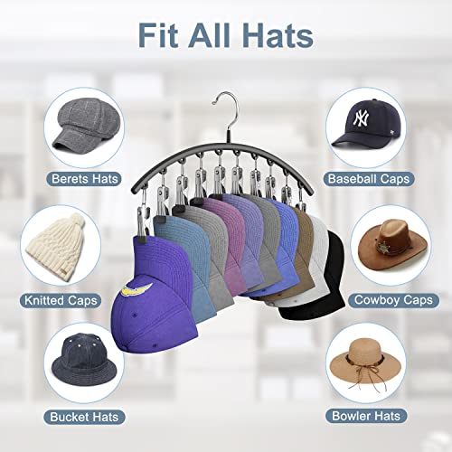 Hat Hangers for Closet,Hat Organizer Racks for Base Ball Caps 2 Pack | Metal Door Hats Racks for Baseball Cap with 10 Large Clips, Baseball Hat Holder for Closet Storage, Fits All Cap-Black