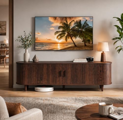 MXV 58" Mid-Century Modern TV Stand with Sliding Doors, TV Consoles with Power Outlet, Fluted Entertainment Center with Adjustable Shelves for Living Room