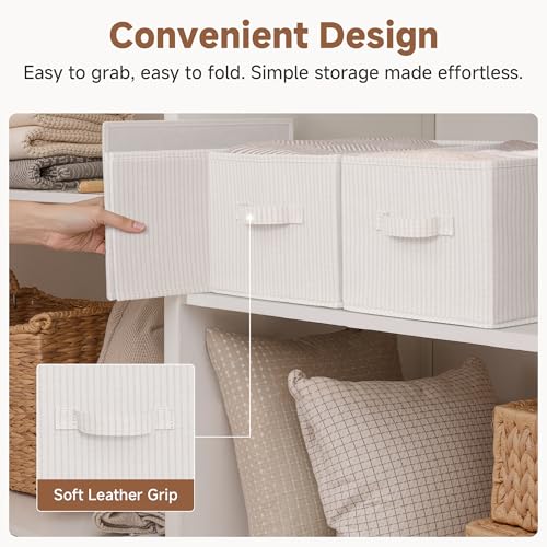 StorageWorks Foldable Shelf Organizer Bins, Closet Storage Baskets for Clothes, Fabric Storage Bins for Shelves, Beige Stripes, 3-Pack, Large