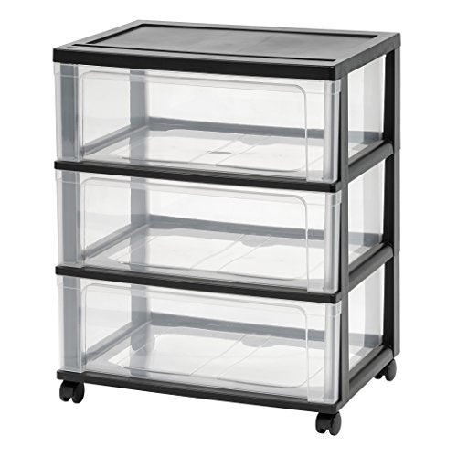 IRIS USA 3-Drawer Wide Storage Cart with Wheels, Organizer, Black | Store clothing, towels, office supplies, craft materials and household essentials with organized storage around your home