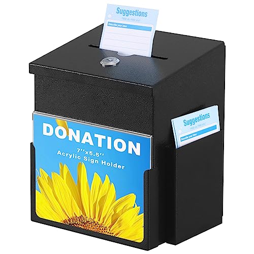 Suggestion Box with Key Lock Acrylic Sign Holder, Metal Donation Ballot Drop Box with Slot Tip Jar for Office, Fundraising, Church, School,8.9''x7.1''x6.3'', Black