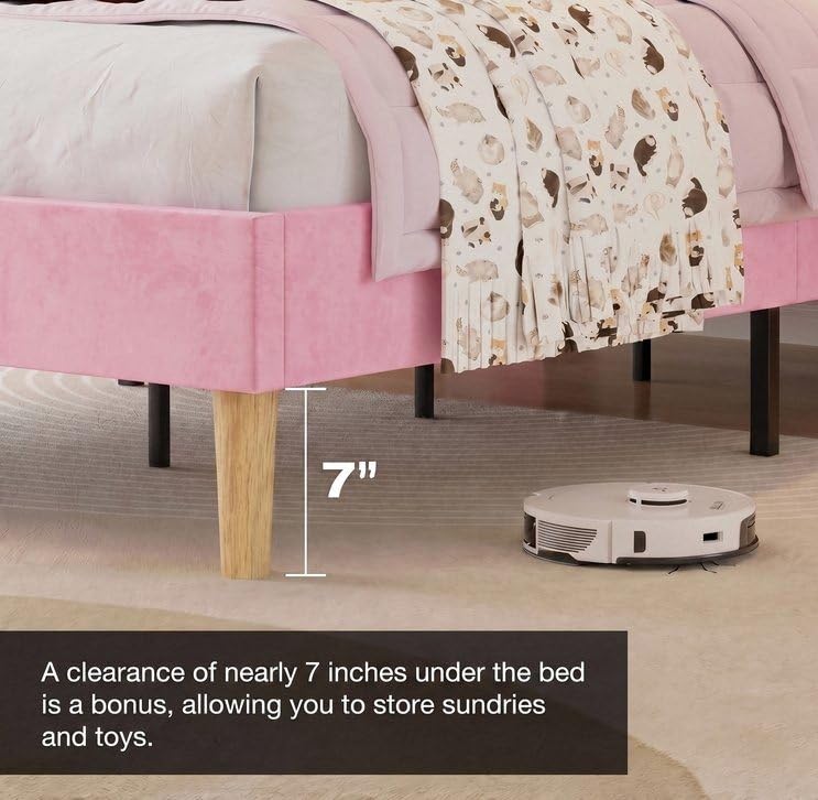 LIKIMIO Twin Bed Frames with Headboard, Velvet Upholstered, Pink