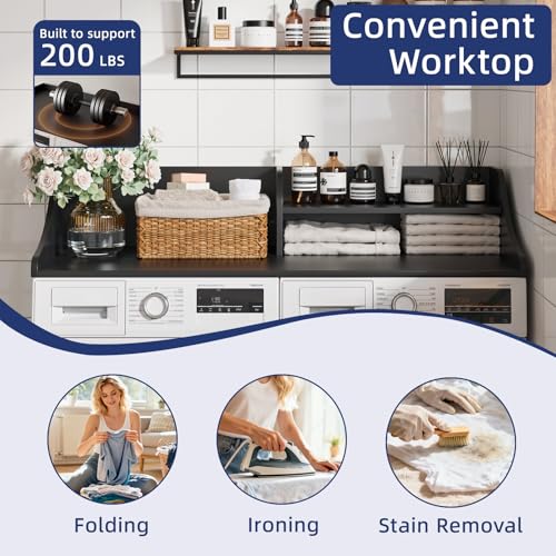2-Tier 54" Width Washer Dryer Countertop for Laundry Room Organization | Depth Laundry Countertop Organization with Edge Wooden Washer and Dryer Topper for Folding Sorting & Ironing Easy to Install