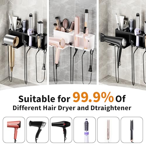 Hair Dryer Holder, Hair Tool Organizer Wall Mount, Adhesive or Drill, White | Blow Dryer Holder for Dryer Hook, Straightener Curling Irons Hairdryer Hair Appliance Hanger for Salon Bathroom Wall Storage