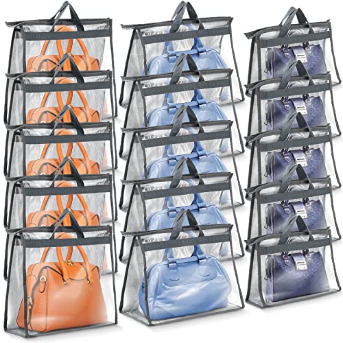 Shappy 15 Pcs Purse Dust Bag for Storage Handbags, 3 Sizes Storage Clear Cover Organizer for Closet Purses Dust Bags with Zipper and Handles Dorm Room Handbags, 5 Each Size(Gray)