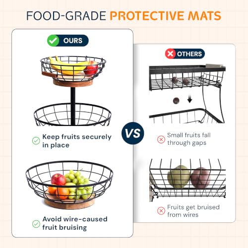 2 Tier Fruit Basket with Banana Hanger, Metal Fruit Bowl Stand with Wooden Base, Kitchen Counter Fruit Organizer for Vegetables, Bread, Snacks Storage Basket