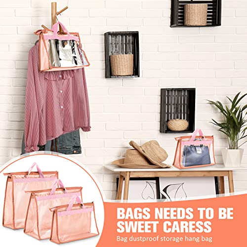 Shappy 15 Pieces Dust Cover Organizer Bags for Handbags, 3 Sizes Clear Handbag Storage Bag Purse Storage with Zipper and Handles Dust Bags for Purses Handbags Closet, 5 Each Size (Pink)