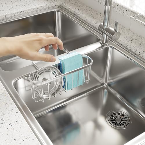 Sponge Holder for Kitchen Sink, Movable Kitchen Sink Caddy with Compact Size Rustproof and Waterproof Hanging Sponge Caddy for Double Bowl Sinks, Silver