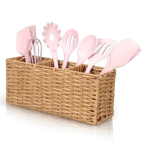Flatware Silverware Caddy Party Cutlery Utensil Holder Organizer Counter | Plastic Silverware Holder Table Wicker Small Kitchen Utensils Holder for Countertop Fork Spoon Organizer Cutlery Caddy Basket