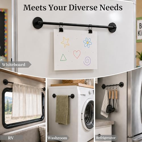 2 Pack Magnetic Curtain Rod for Metal Door, Adjustable 16 to 30 Inch, 1/2 Inch Diameter, French Door Magnetic Curtain Rods with Hooks (Black)