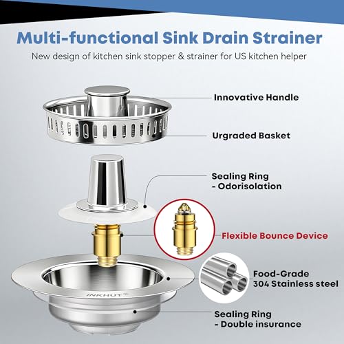 Upgraded 3 in 1 Kitchen Sink Drain Strainer (Silver-2Pack) | Stainless Steel Sink Stopper, Anti-Clogging Food Catcher Basket, Bounce Core Drain Strainer Plug for 3 1/2 inch Drain