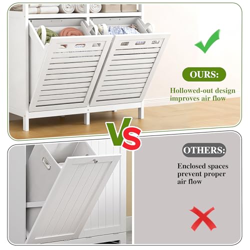 VASMIA Tilt Out Laundry Hamper Cabinet, Bamboo Double Laundry Hamper with 2 Removable Laundry Baskets, 20 Gal Laundry Sorter Organizer with Shelf for Dirty Clothes, Bathroom, Laundry Room, White