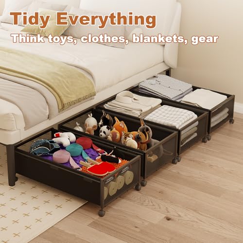 2Pack Under Bed Storage Containers, 10 inch Height,31 inch Long | Under Bed Shoe Storage,Underbed Storage with Wheels,Large Rolling under bed Clothes Storage Drawers,Lid,Dorm Tall,Black