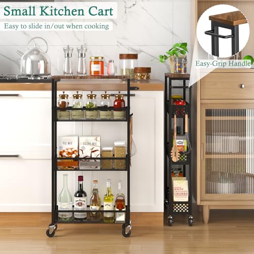 XYZLVSI Utility Slim Storage Cart on Wheels, 4 Tier Laundry Room Organizers | 5" W narrow shelf for small spaces, skinny rolling cart with wooden top and metal handle for kitchen/bathroom/Office/Dorm