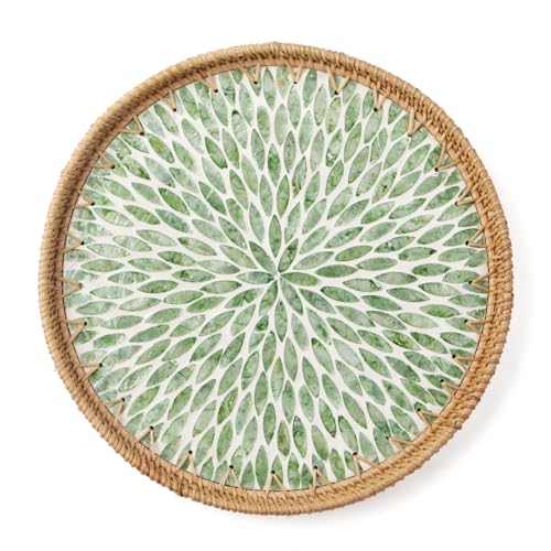 Round Rattan Tray with Mother of Pearl Inlay, Wooden Base | Coffee Table Serving Tray, Home Decorative Wicker Woven, for Outoor Patio Decor