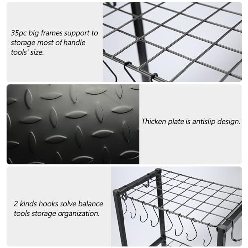 YueTong Garden Tool Organizer Heavy Duty,Yard Tool Tower Rack,Garage Storage Organization for Long Handle Tools,Rake,Brooms,Extra Hooks for Small Shovel,Shear.All Metal,Free Standing.
