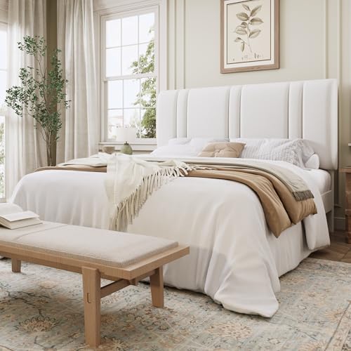 SHA CERLIN Queen Size Velvet Bed Frame with Adjustable Headboard, White | Vertical Channel Tufted Design, Upholstered Platform Bed, Wood Slats Support/No Box Spring Needed/Easy Assembly