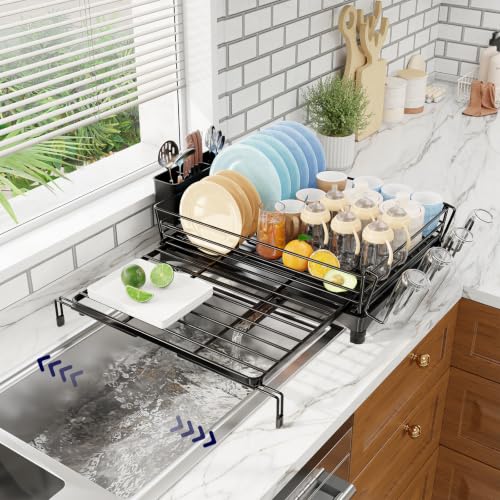 Dish Drying Rack - Expandable Dish Rack for Kitche... (Black | Stainless Steel)