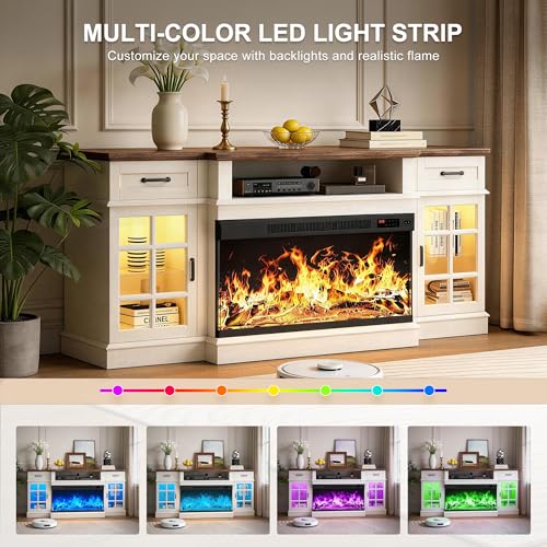 70" Fireplace TV Stand, 3-Sided Glass Fireplace and Modern Entertainment Center, Wooden Media Console with Glass Doors & Storage Drawers, LED Light, for Living Room, Antique White