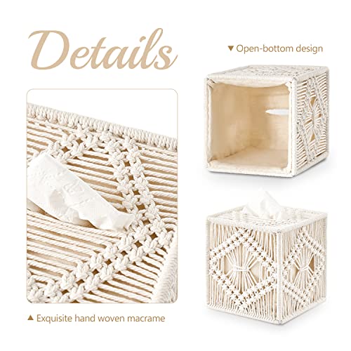 Mkono Tissue Box Cover Square, Boho Macrame Decor Open-Bottom Holder, Ivory | Facial Tissue Organizer, Decorative Cube Box, Chic Hand-Woven, Bedroom Bathroom Vanity Dresser Living Room Office Dorm