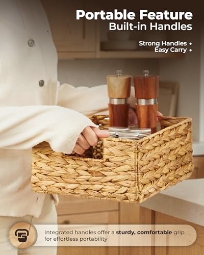 Bluewest Water Hyacinth Storage Baskets, Set of 6, Woven Bins with Handles | Organizer and Laundry Basket with Carrying Handles, Designed as a Rattan Bin for Shelves, Closets and Household Essentials.