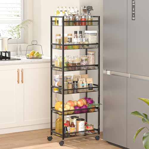 6 Tier Slim Rolling Storage Cart, Narrow Mobile Sh... (Black | Iron, Plastic)
