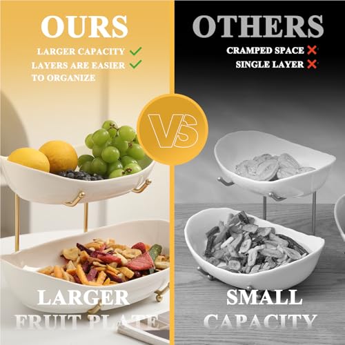Large Size 2 Tier Ceramic Fruit Bowl,(13.4 and 11... (Gold and White | Ceramic)