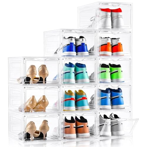 Clemate Upgraded X-Large Shoe Organizer,Shoe Storage Organizer,12 Pack,Shoe Box Clear Plastic Stackable,Drop Front Shoe Box with Clear Door, Shoe Containers For Sneaker Display,Fit up to US Size12
