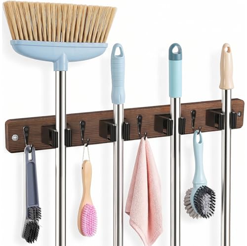 Broom Holder Wall Mount, 4 Holders 4 Hooks Mop and... (Brown | Pine)