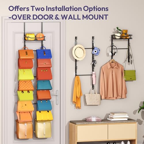Over The Door Purse Organizer - Wall Mounted Purse Rack with 16 Hooks and Metal Basket, Handbag Hanger Organizer Holds up to 16 Bags, Bag Rack Can Use As 1/2 Part, for Door, Closet