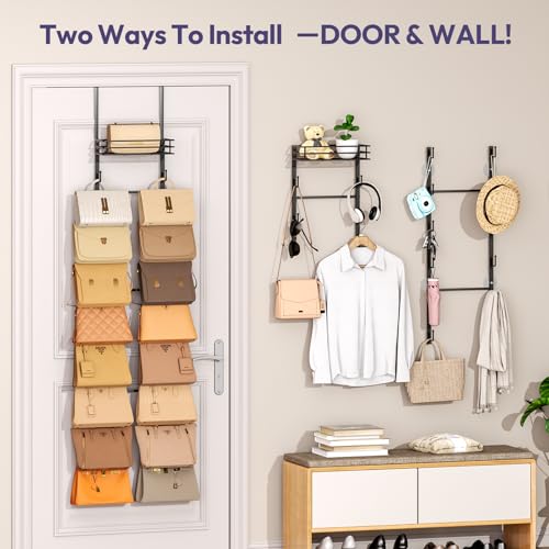Over the Door Purse Organizer - Wall Mounted Handbag Organizer with 16 Hooks and Metal Basket, Hanging Purse Storage Rack Holds up to 16 Bags, Bag Rack Can Use As 1/2 Part, for Door, Closet