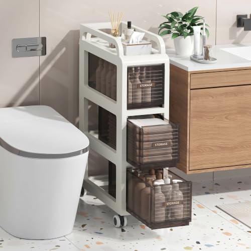 Bathroom Storage with Drawers, 7.87" Wide Slim Storage Cabinet | Freestanding Narrow Cupboard for Bathroom, Kitchen