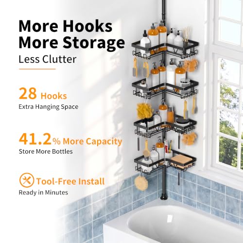 KEGII Corner Shower Caddy Tension Pole, Large Capacity Bathroom Organizer | 28 Hooks with Soap and Razor Holders, Heavy Duty 4-Tier Shelves for Family Bathtubs and Renters, Adjustable 25-114.2 inch