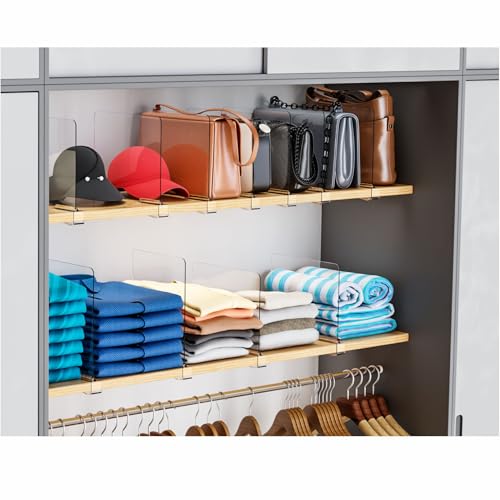 6 Pack Acrylic Shelf Dividers for Closet Organization,Towel,Sweater,Purse Organizer - Adjustable Height - Vertical Shelf Separators for T Shirt,Clear Closet Shelf Divider for Wood Shelves