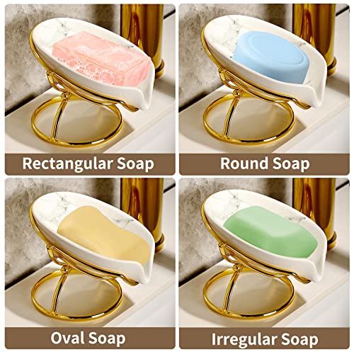 Dobbyby Leaf-Shaped Ceramic Soap Dish with Drain, Holder, Saver, Tray, Bar Soap Holder, Easy Cleaning, for Shower Bathroom Kitchen Sink Bathtub, Pro-Environment White