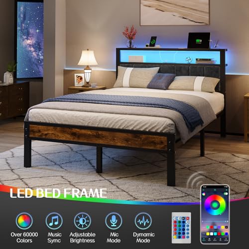 Liians Full Size Bed Frame with LED Lights, Charging Station