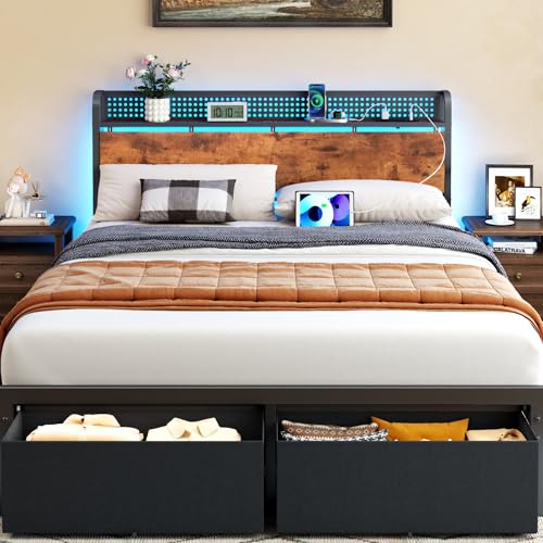 Queen Bed Frame with Headboard Storage, Charging Station, Drawers
