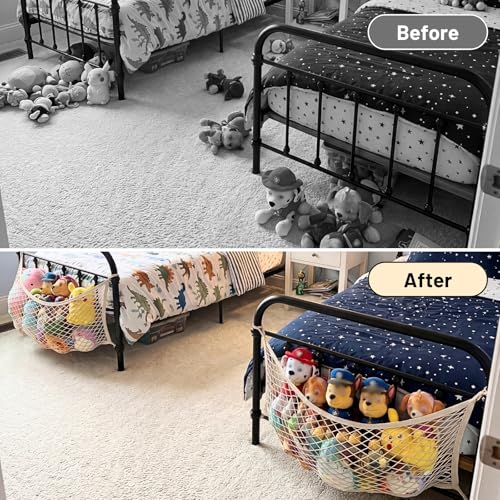 2 Pack Stuffed Animal Storage Net for Kids, Toy Organizer Net, Cotton | Bedside Stuffed Animal Net with Tether, Neatly Stores Stuffed Animals, Plush Toys, Stretches up to 35 Inches, Beige